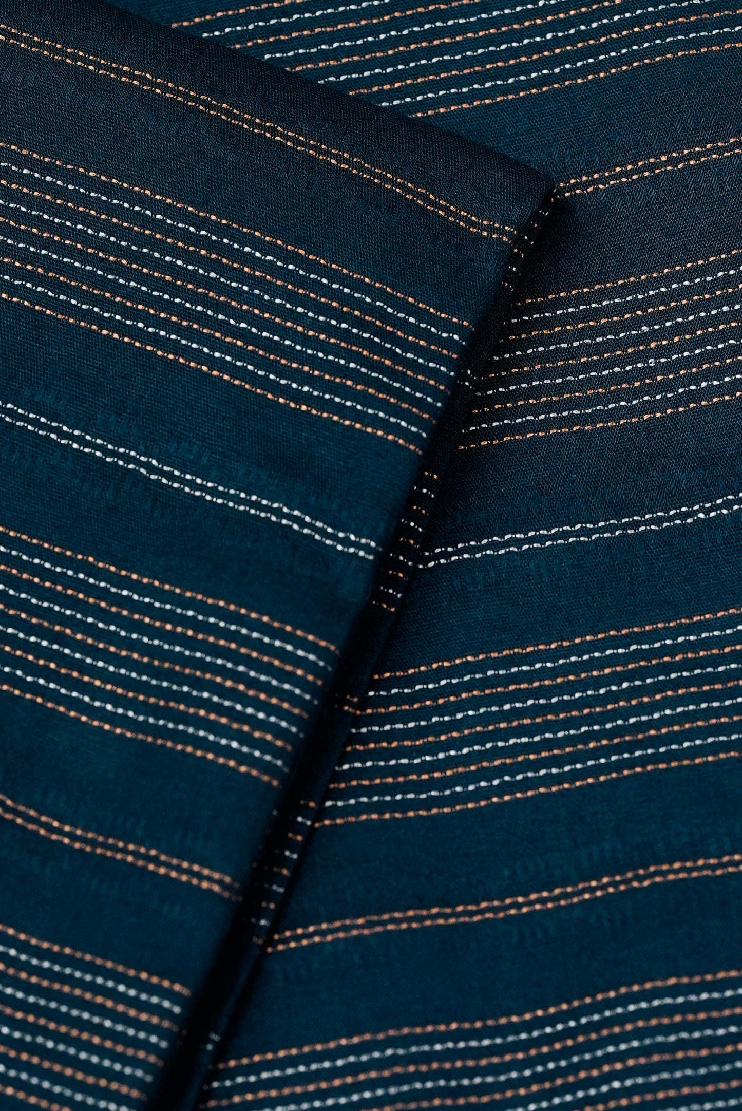 Navy Blue Jacquard Unstitched Fabric | Copper & Silver Striped Design
