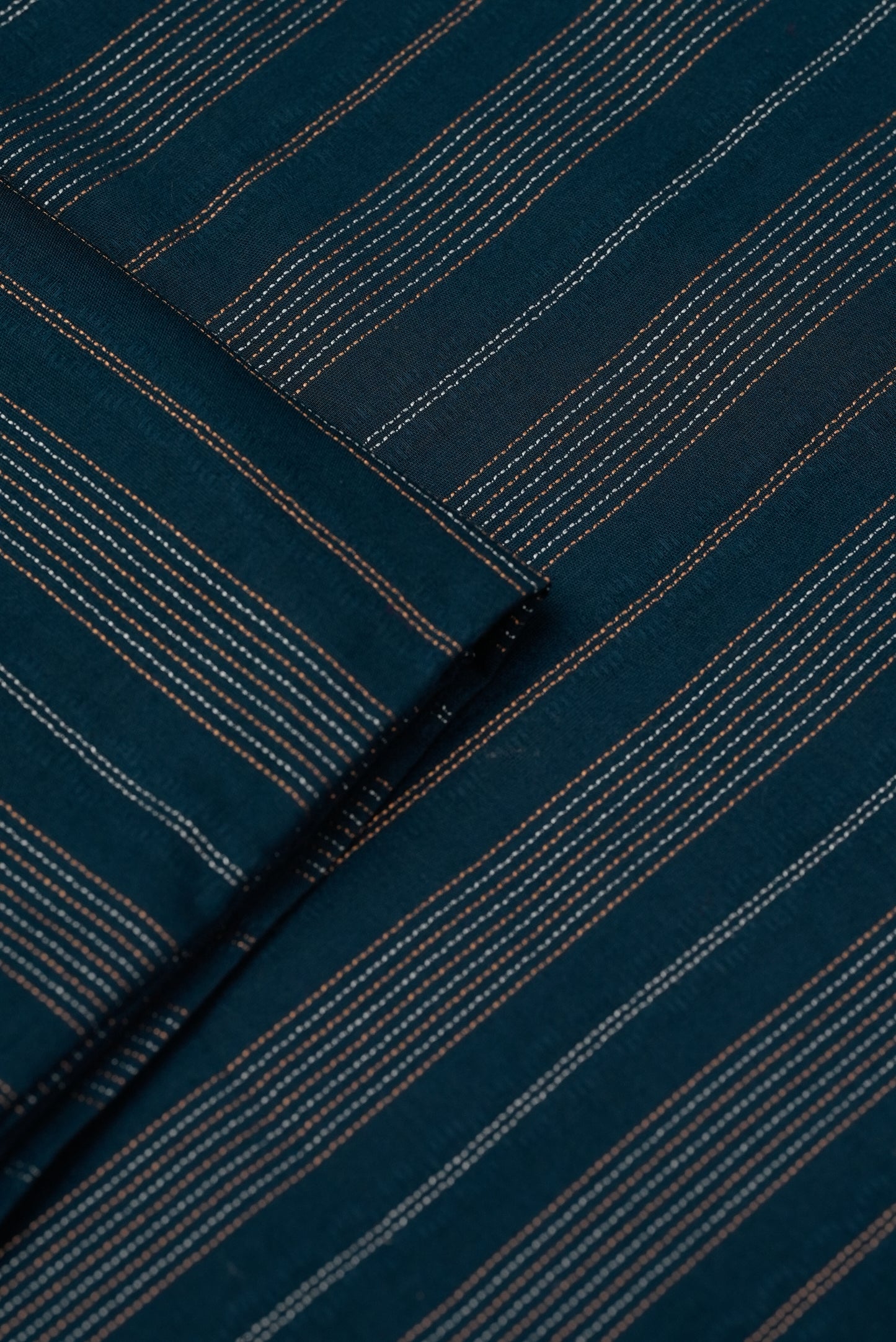 Navy Blue Jacquard Unstitched Fabric | Copper & Silver Striped Design