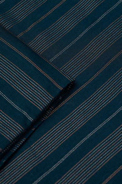 Navy Blue Jacquard Unstitched Fabric | Copper & Silver Striped Design