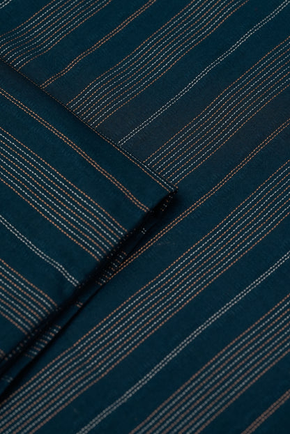 Navy Blue Jacquard Unstitched Fabric | Copper & Silver Striped Design