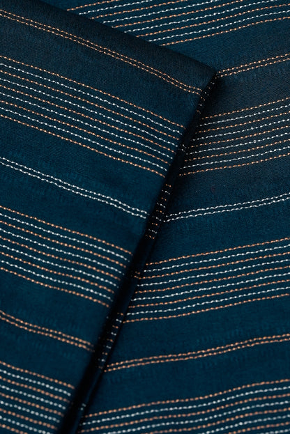 Navy Blue Jacquard Unstitched Fabric | Copper & Silver Striped Design