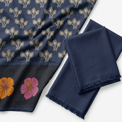 Premium Navy Blue Composed Jacquard Dupatta – 3-Piece Unstitched Suit