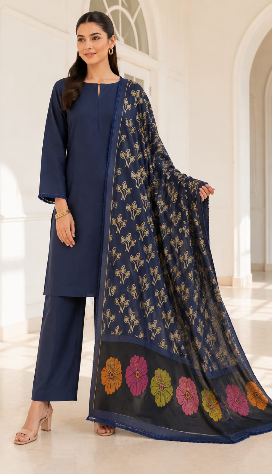 Premium Navy Blue Composed Jacquard Dupatta – 3-Piece Unstitched Suit